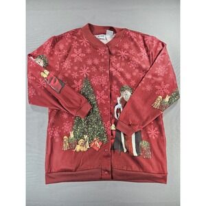 Blair Red Christmas Sweatshirt Cardigan Large Santa Dogs Snowflakes Grandmacore